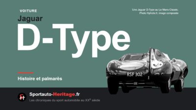 Image composée : Jaguar D-Type détourée en gris, vue de l’arrière, devant le titre géant « Jaguar D-Type », sous-titre « Histoire et palmarès ».