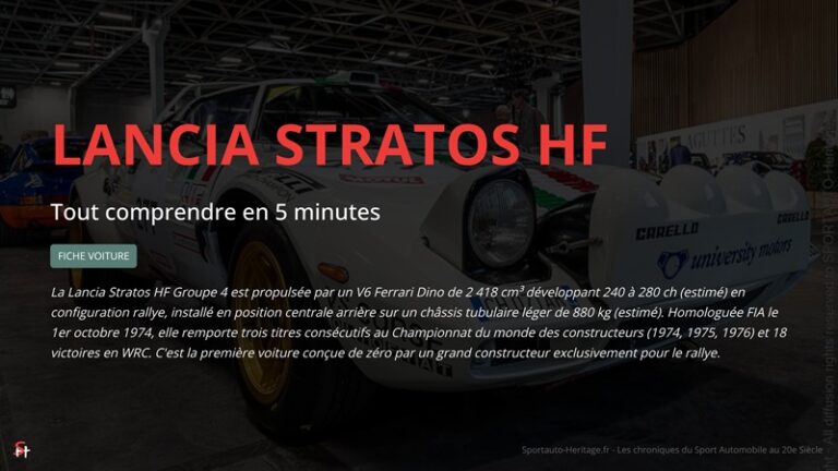 La Lancia Stratos HF Groupe 4 est propulsée par un V6 Ferrari Dino de 2 418 cm³ développant 240 à 280 ch (estimé) en configuration rallye, installé en position centrale arrière sur un châssis tubulaire léger de 880 kg (estimé). Homologuée FIA le 1er octobre 1974, elle remporte trois titres consécutifs au Championnat du monde des constructeurs (1974, 1975, 1976) et 18 victoires en WRC. C'est la première voiture conçue de zéro par un grand constructeur exclusivement pour le rallye.