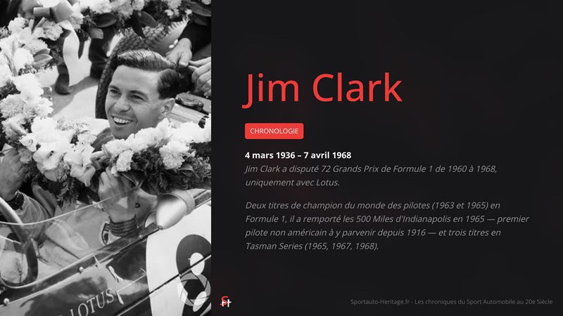 Jim Clark a disputé 72 Grands Prix de Formule 1 de 1960 à 1968, uniquement avec Lotus.
Deux titres de champion du monde des pilotes (1963 et 1965) en Formule 1, il a remporté les 500 Miles d'Indianapolis en 1965 — premier pilote non américain à y parvenir depuis 1916 — et trois titres en Tasman Series (1965, 1967, 1968).